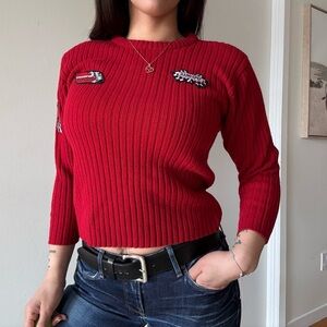 Y2K Red Ribbed Patch Baby Tee – Cropped